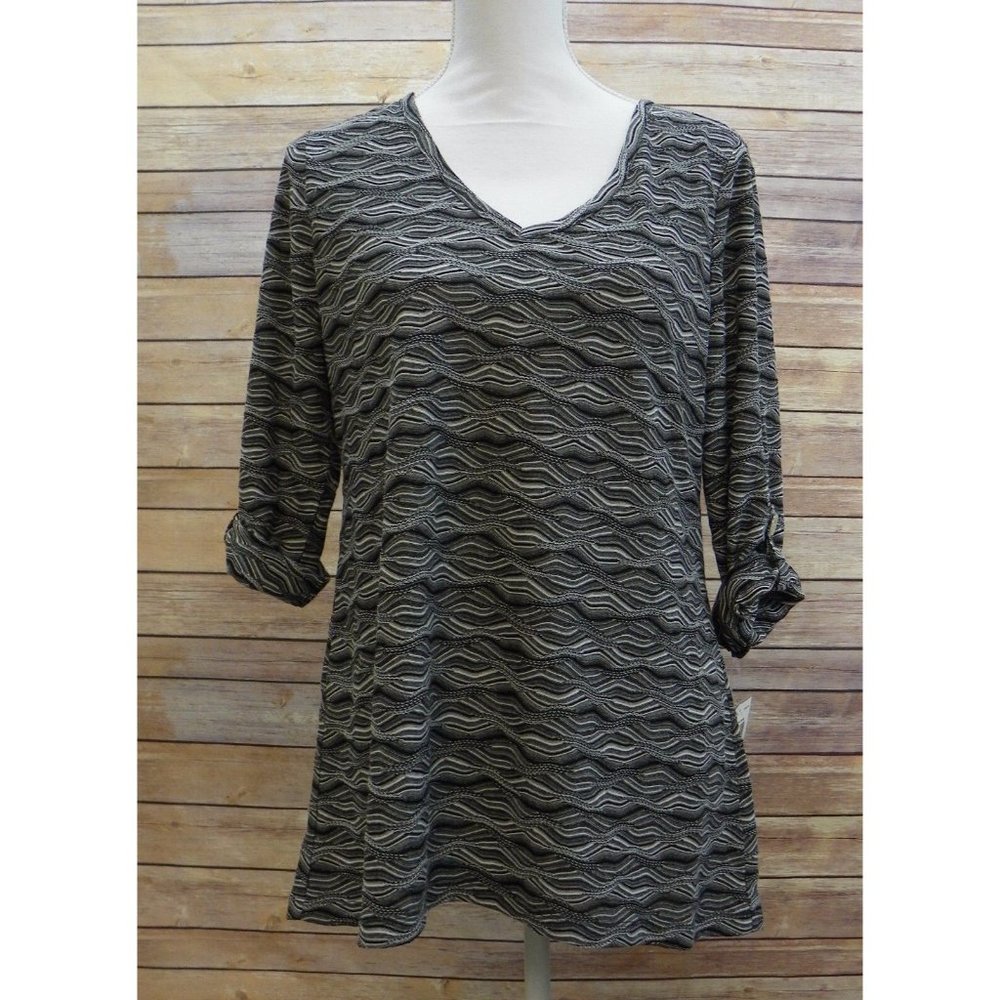 JM Collection Womens Top S 3/4 Sleeve Wave Textured Jacquard Shirt S Black Multi